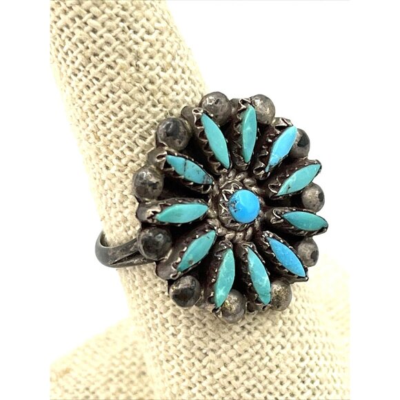 Vintage Zuni Petit Point Turquoise Ring 925 Sterling Silver Size 7.25 - Picture 4 of 8